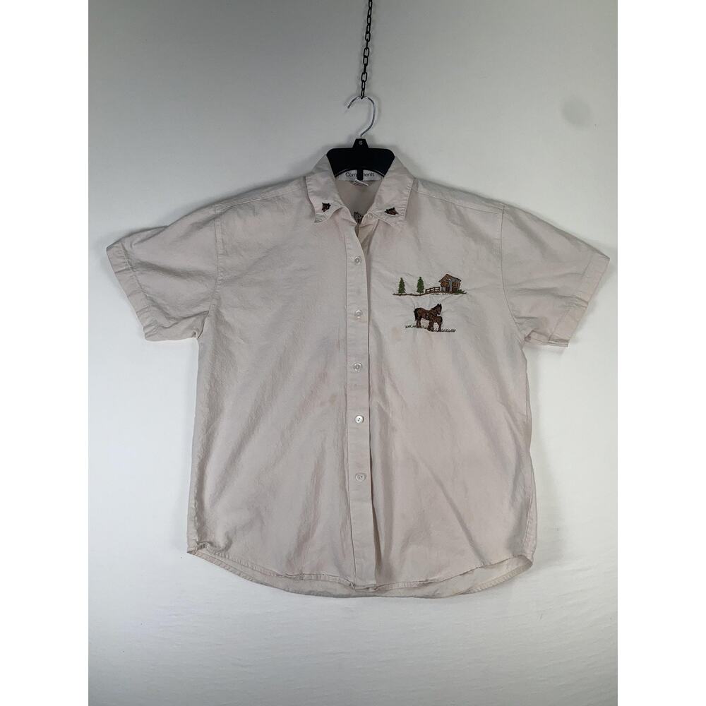 Compliments Shirt Mens Medium Beige Horse Embroidered Short Sleeve Button Up